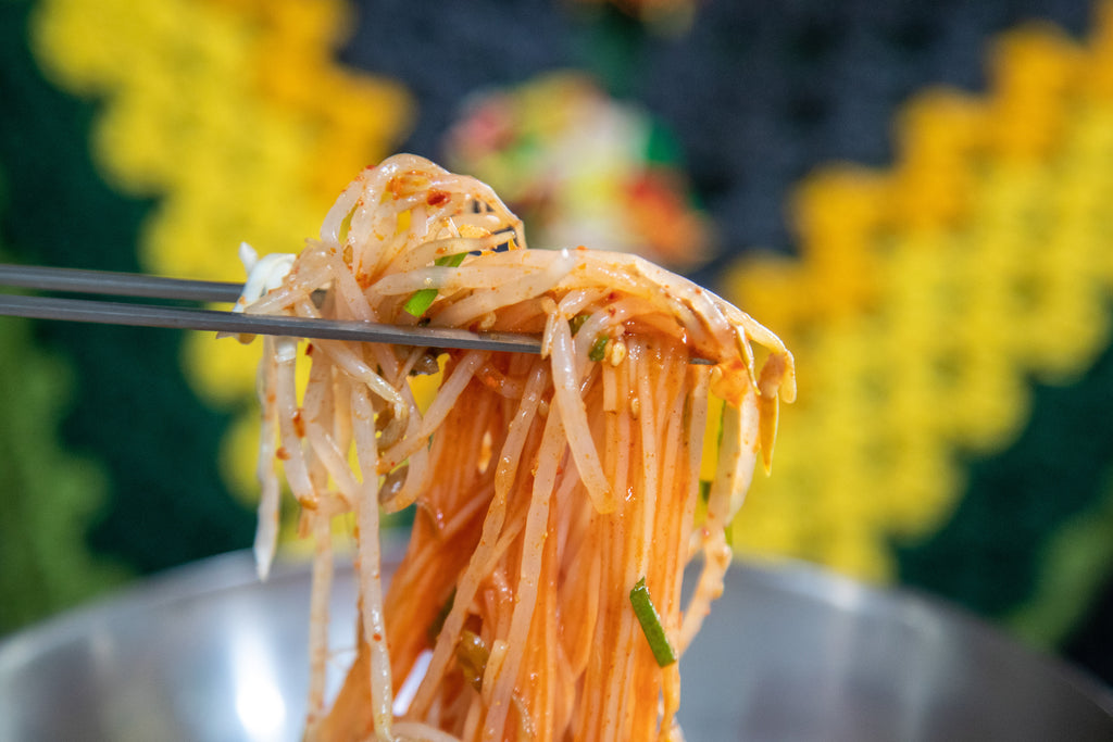 Bibim-guksu is a spicy, tangy cold noodle dish